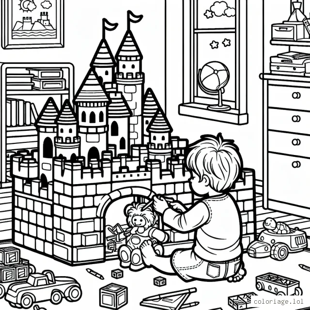 Un petit garçon construit une formidable forteresse avec ses jouets dans sa chambre.
