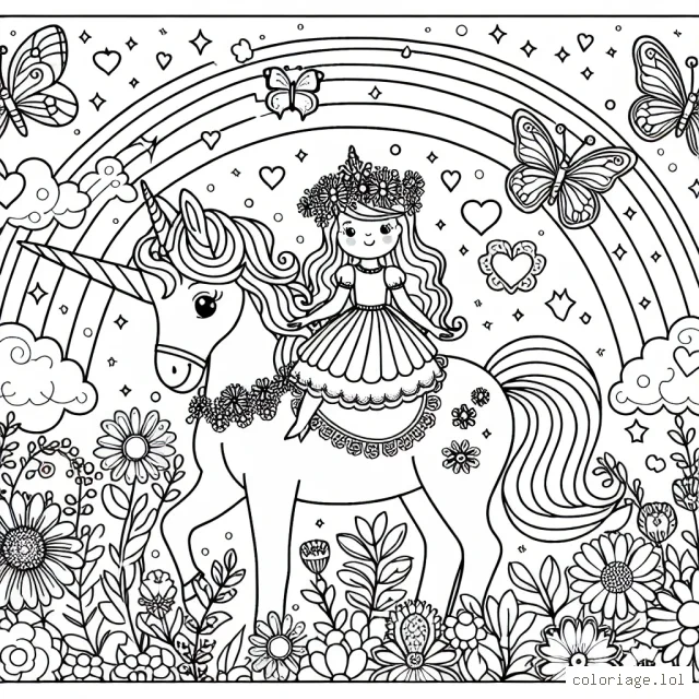 Une magnifique princesse avec sa licorne magique dans un jardin fleuri rempli de papillons et d'arc-en-ciel.