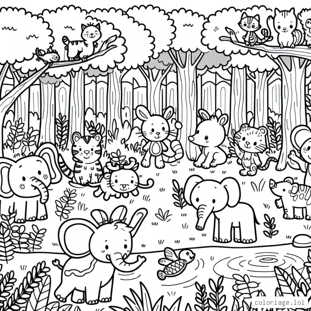 Feuille de coloriage mettant en scène une ribambelle d'animaux en train de jouer à cache-cache dans une forêt luxuriante.