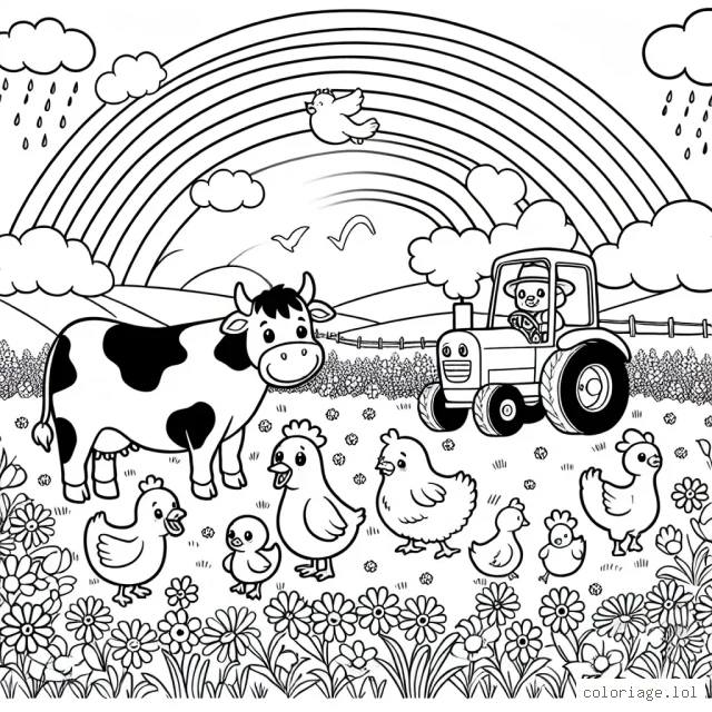 Tracez une scène bucolique avec des animaux de la ferme s’amusant dans un champ fleuri sous un arc-en-ciel. Il y a une vache, un cochon, des poules et des canards. N’oubliez pas le fermier qui conduit son tracteur au loin.