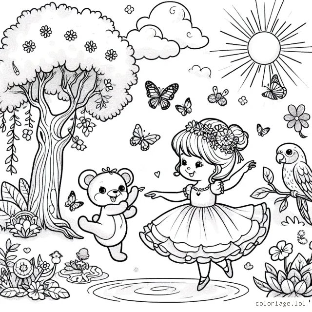 Imaginez une jeune princesse dansante avec un petit ourson doux dans un magnifique jardin fleuri, où les papillons voltigent et où un doux soleil brille. Il y a un grand arbre avec un perroquet coloré et une petite mare où nagent de jolies grenouilles.