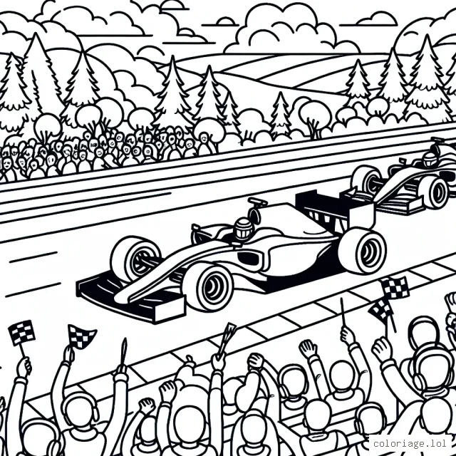 Dessine une scène de course de voitures de sport avec des spectateurs qui encouragent.