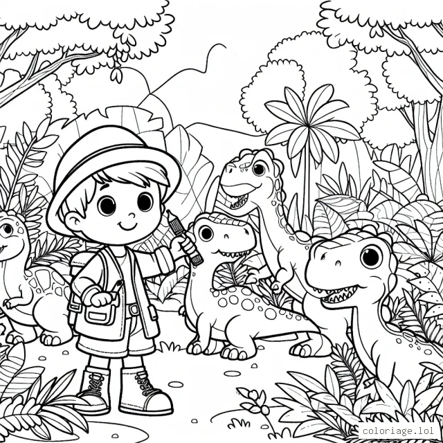 Une scène d'aventure d'un petit explorateur dans une jungle peuplée de dinosaures amicaux
