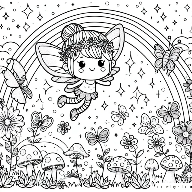 Concevez un dessin mettant en vedette une jolie petite fée survolant un jardin féérique rempli de papillons brillants et de fleurs scintillantes. Ajoutez un arc-en-ciel dans le ciel et n'oubliez pas d'inclure de petits détails comme les champignons, les escargots, et les insectes.
