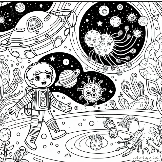 Un petit garçon astronaute explore une planète mystérieuse plein de créatures étranges et de plantes exotiques. Il a également un vaisseau spatial stylisé et une station spatiale élaborée à colorier avec différentes teintes.