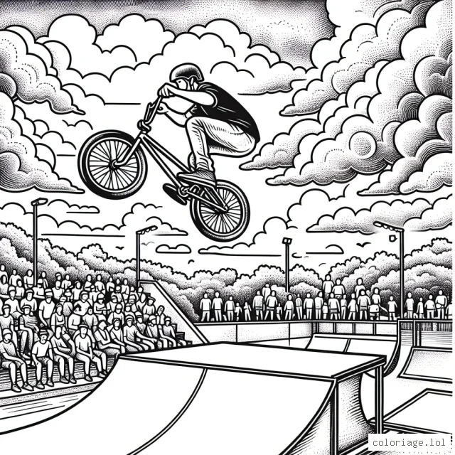 Dessine un saut en BMX sur une rampe dans un skate-park rempli de spectateurs, avec un ciel couvert de nuages dynamiques.