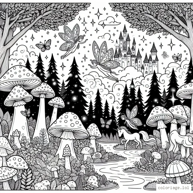 Imagine un paysage enchanté en plein cœur d'une forêt magique, peuplé de créatures fantastiques et mystérieuses. N'oublie pas d'ajouter des fées qui voltigent autour des arbres lumineux, des champignons géants de toutes les couleurs, des licornes galopant à travers les clairières et des châteaux flottant dans les airs !
