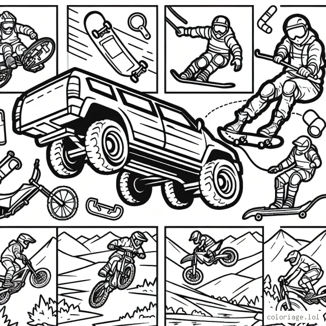 Dans chaque carré tracer une activité sportive extrême grace aux guides visuels. Finir le dessin en ajoutant les détails manquants et en coloriant.