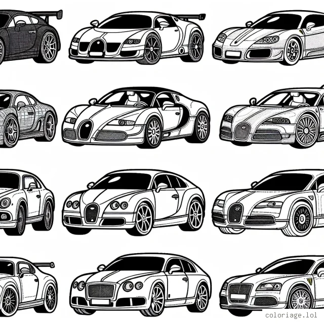 Dessine et colorie une série de voitures par marque, parmi lesquelles on retrouve des marques célèbres comme Ferrari, Bugatti et Mercedes. Les modèles de voitures dépendent de chaque marque et chaque voiture a son propre design. Utilise des couleurs variées pour peindre ces voitures prestigieuses et montre-nous tes talents de coloriste !