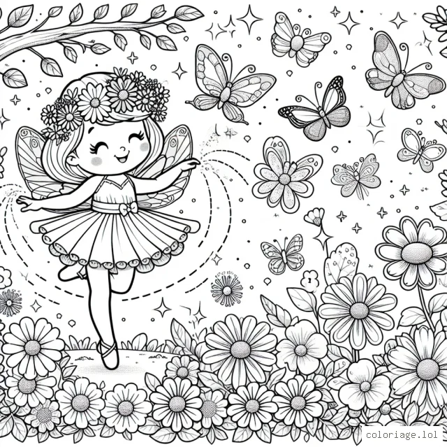 Une jolie fée des fleurs virevoltant dans un jardin enchanté, entourée par une foule de papillons brillants, d'oiseaux chanteurs et d'animaux curieux. Les fleurs autour d'elle ont une variété de couleurs éclatantes et sentent incroyablement bon.