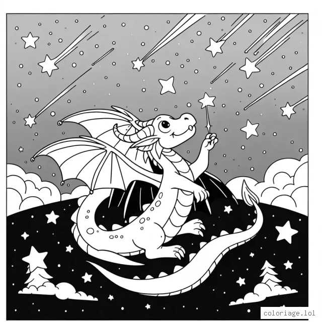 Un dragon fantastique joue avec des étoiles filantes dans le ciel nocturne