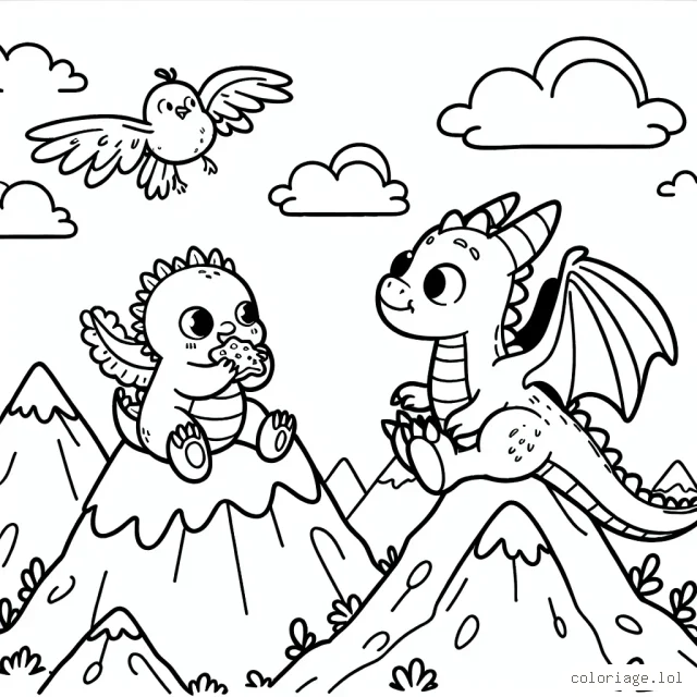 Imagine un petit dragon et son ami l'oiseau prenant une pause goûter en haut d'une montagne