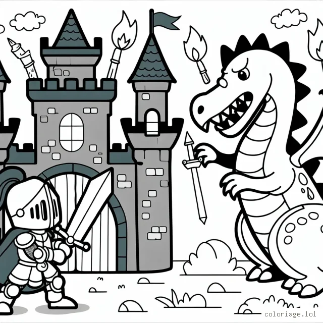 Un petit chevalier courageux se tient prêt à défendre son magnifique château contre un grand dragon qui crache du feu.