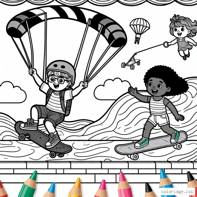 Imagine un dessin représentant un garçon à roller sur une rampe de skatepark, une fille faisant du parachutisme et un enfant surfant sur une vague géante.