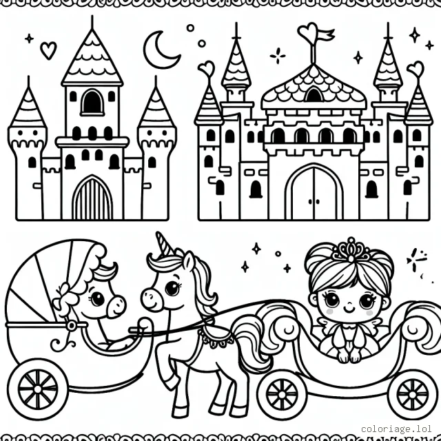 Un bel univers de princesse avec un château, une calèche tirée par des poneys et une jeune princesse