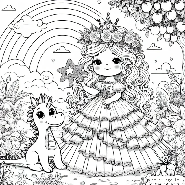 Une petite princesse couronnée aux longues boucles blondes vêtue d'une élégante robe à volants. Elle tient une baguette magique étoilée dans une main, l'autre main caressant un petit dragon vert mignon. Ils se trouvent dans un jardin enchanté plein de fleurs exotiques, d'arbres fruitiers et un arc-en-ciel lointain.
