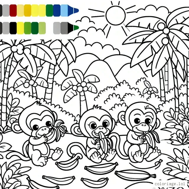 Un groupe de singes malicieux en train de manger des bananes dans la jungle aux couleurs éclatantes.