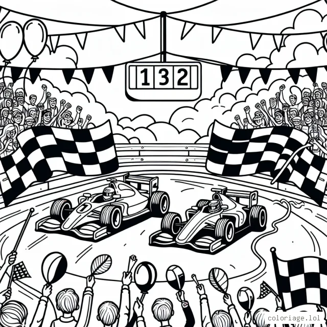 Deux voitures de course sont en pleine compétition sur un circuit animé, soutenues par une foule de spectateurs vibrants d'excitation. La première voiture affiche un numéro 1 avec une couleur vive tandis que la seconde a un numéro 2 et une couleur contrastante. En arrière-plan, des ballons à l'hélium et des fanions ajoutent une atmosphère festive. Il y a des drapeaux qui marquent le circuit et un panneau d'affichage qui indique les scores.