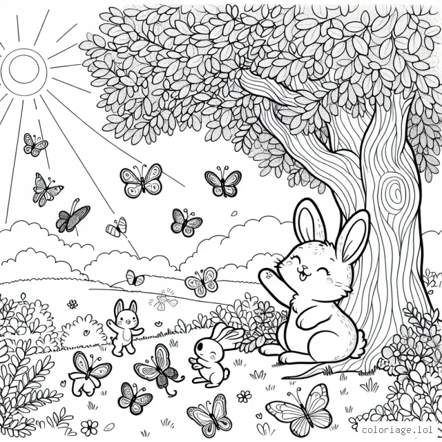 Imagine une scène joyeuse d'un petit lièvre jouant avec des papillons colorés, tous autour d'un gros chêne verdoyant sous un ciel ensoleillé.