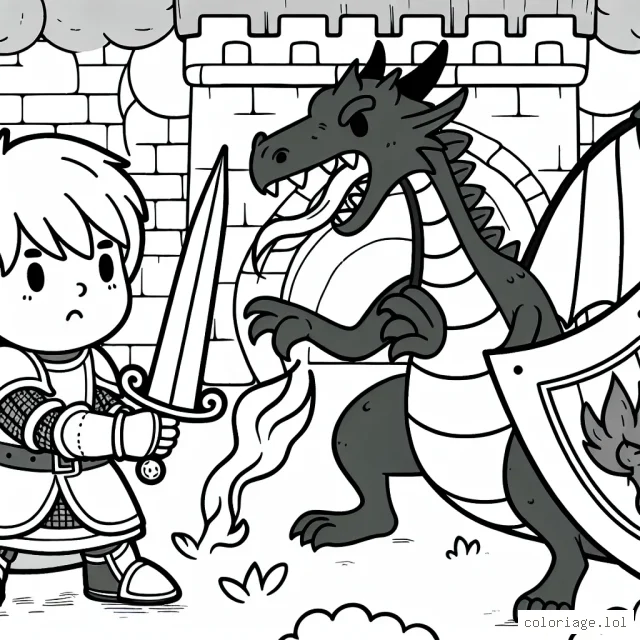 Un jeune chevalier défend son château contre un dragon cracheur de feu
