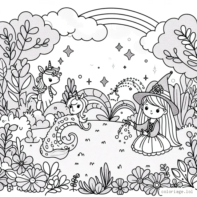 Une petite princesse joue avec des créatures magiques dans un jardin fantastique.