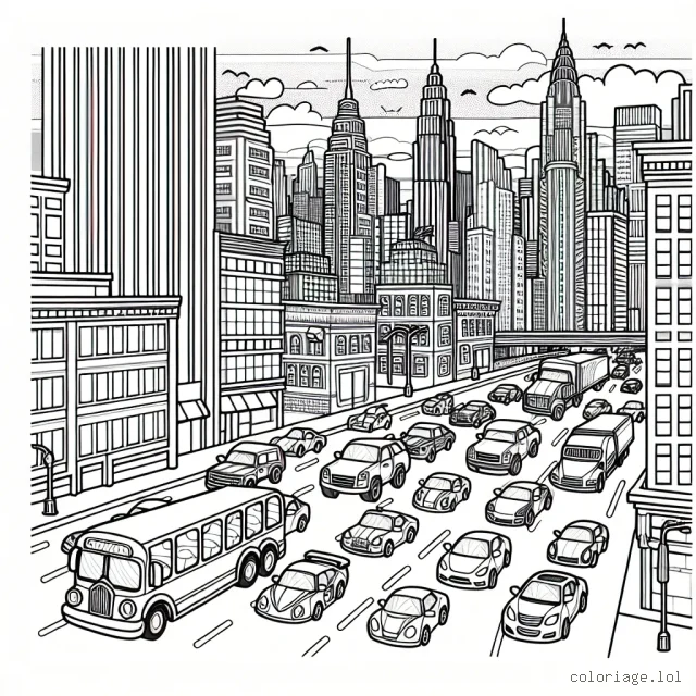 Une course de voitures passionnante à travers une ville animée, avec de nombreux détails à colorer.