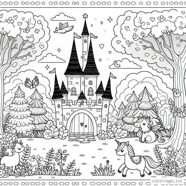 Dessine un petit château enchanté dans une forêt féerique peuplée de créatures magiques