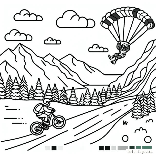 Descente rapide en montagne à VTT avec un parachutiste en plein atterrissage