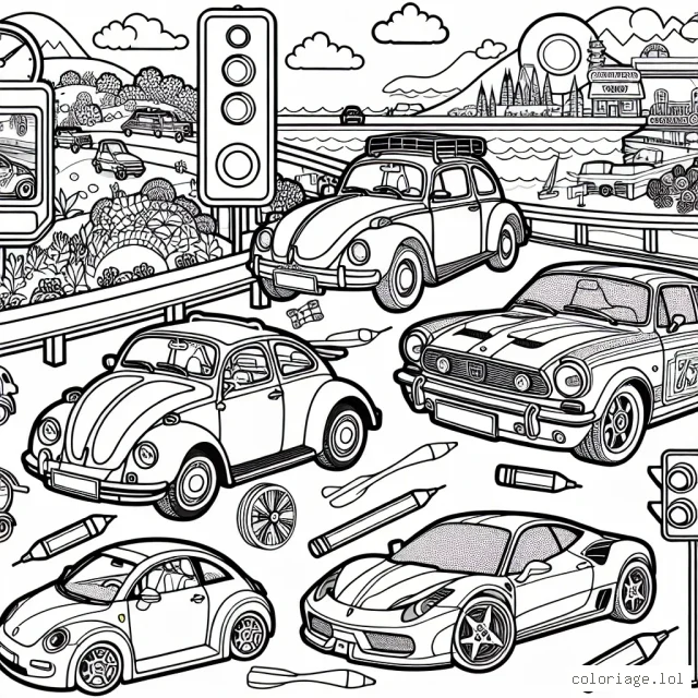 Dessine une gamme de véhicules de différentes marques bien connues, comme par exemple : la Volkswagen Beetle, la Fiat 500, la Mini Cooper, la Porsche 911, la Ferrari F40 et la Chevrolet Camaro. Il y a aussi des extras comme des plaques signalétiques, des feux de signalisation, des stations-service et des routes qui ont des formes intéressantes à colorer. Dans chaque scène, essaie de représenter un environnement typique où tu pourrais voir chaque voiture : une plage pour la Beetle, une rue animée de la ville pour la 500, une route de campagne pour la Mini, une piste de course pour la Porsche, une autoroute pour la Ferrari et une route de montagne pour la Camaro.