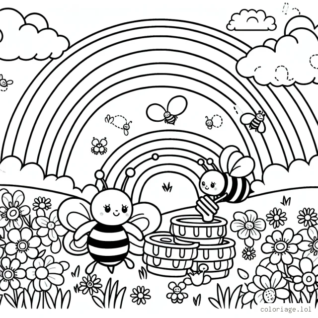 Une féérie d'abeilles à la récolte de miel dans un champ de fleurs tandis qu'un fantastique arc-en-ciel repose à l'horizon