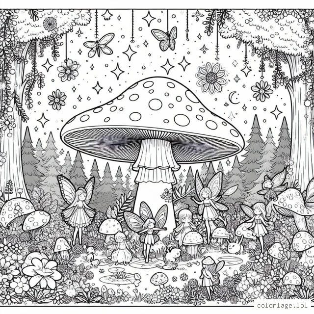 Un merveilleux royaume de fées sous un champignon géant au cœur d'une mystérieuse forêt enchanteresse. Les fées sont rassemblées pour célébrer le retour du printemps. La scène est remplie de fleurs, d'animaux de la forêt et des étoiles scintillants.