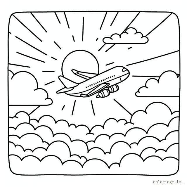 Un avion volant haut dans le ciel, traversant les nuages, avec le soleil qui se couche à l'horizon