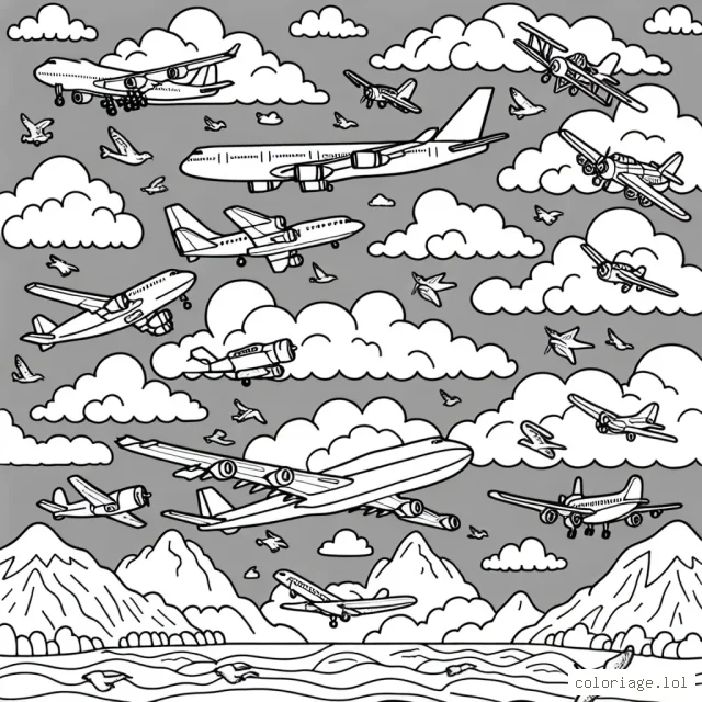 Imaginez un ciel rempli d'avions de toutes sortes, des avions commerciaux massifs, des avions de chasse agiles aux avions de précision détaillés, volant tous ensemble dans une danse aérienne. Parfois, ils disparaissent derrière des nuages câlins, d'autres fois ils volent au-dessus des montagnes majestueuses dans le lointain. Et n'oubliez pas les oiseaux qui volent joyeusement avec eux !