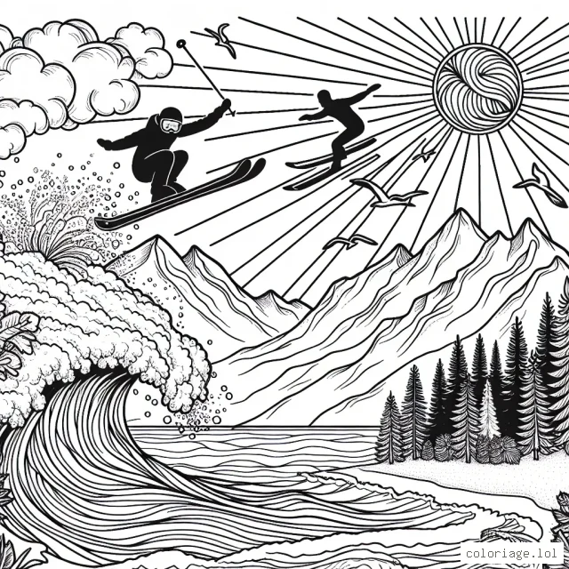Dessine un skieur faisant un saut incroyable au-dessus des montagnes enneigées et un surfeur prenant une vague géante dans un océan turquoise. N'oublie pas d'ajouter des détails comme le soleil radieux à l'horizon, les arbres couverts de neige et les mouettes dans le ciel de la plage.
