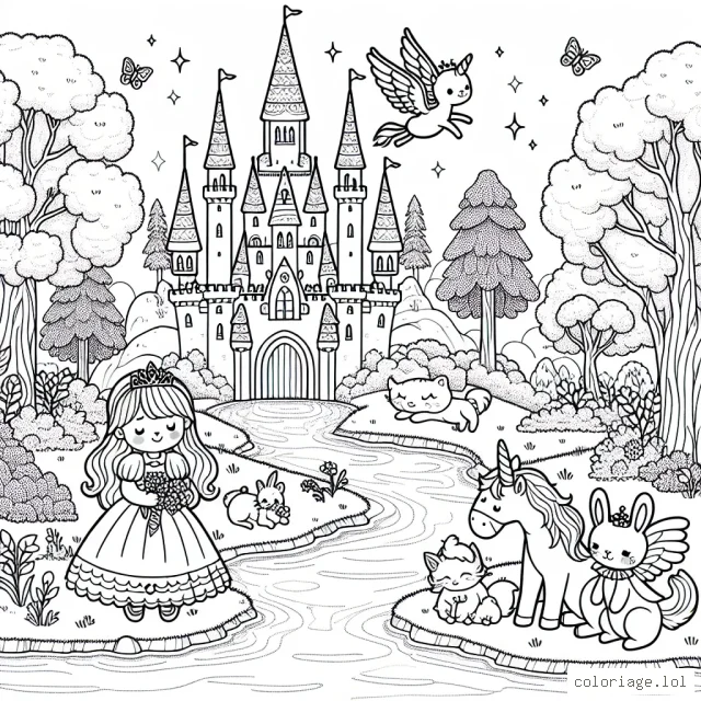 Un beau et majestueux château de princesse est posé au bord d'une rivière scintillante. Entouré par une forêt enchantée, il est habité par une douce princesse et ses amis animaux : un mignon lapin, un oiseau chantant, un chat paresseux et un chien joueur. Une licorne ailée, gardienne du château, est perchée sur une colline voisine.