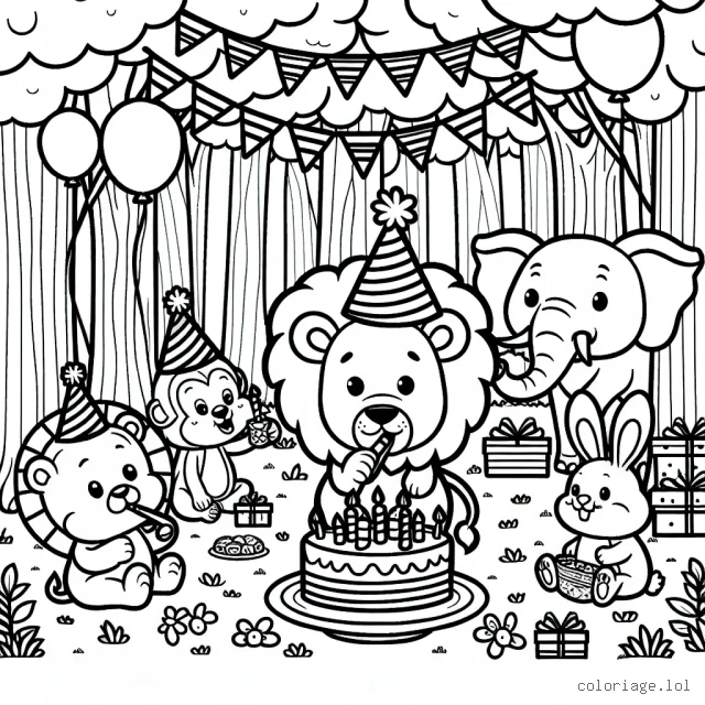 Un groupe d'animaux organise une fête d'anniversaire dans la forêt. Dessine un lion qui porte une casquette de fête, un singe avec une perruque amusante, un éléphant qui soufflera sur un klaxon de fête, et les lapins mignons dégustant un délicieux gâteau d'anniversaire. Assure-toi de remplir la forêt de ballons colorés, de guirlandes et de cadeaux d'anniversaire.