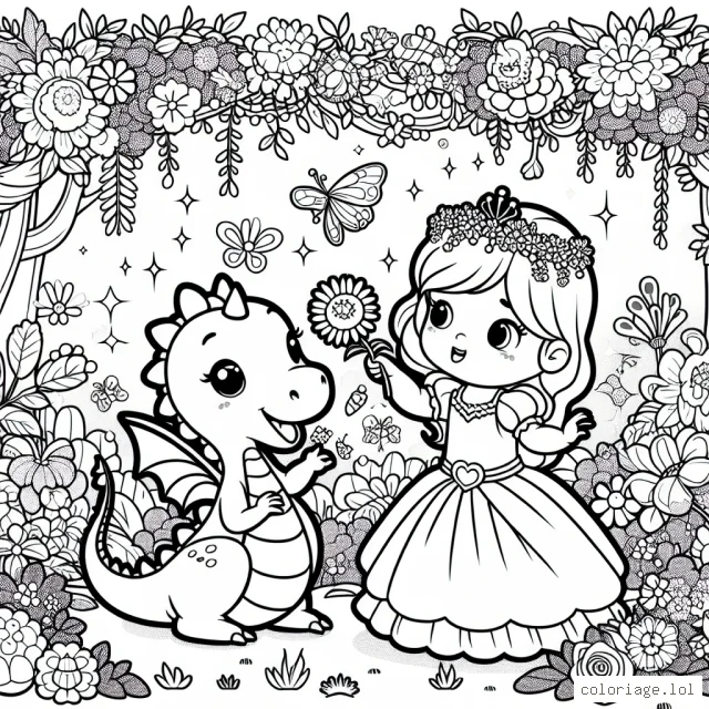 Dessine une princesse jouant avec son adorable dragonnet dans un jardin enchanté plein de fleurs