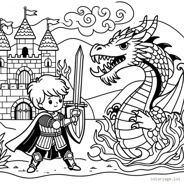 Un jeune chevalier courageux protégeant son château contre un dragon cracheur de feu