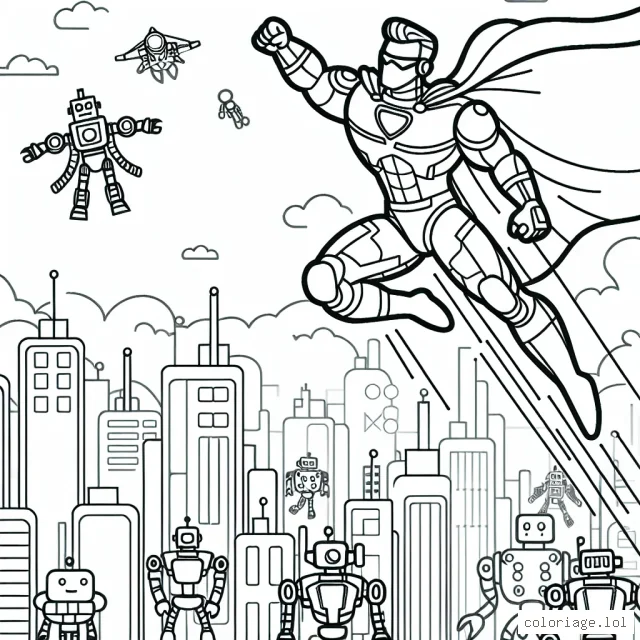 Un super héros volant au-dessus d'une ville futuriste peuplée de robots