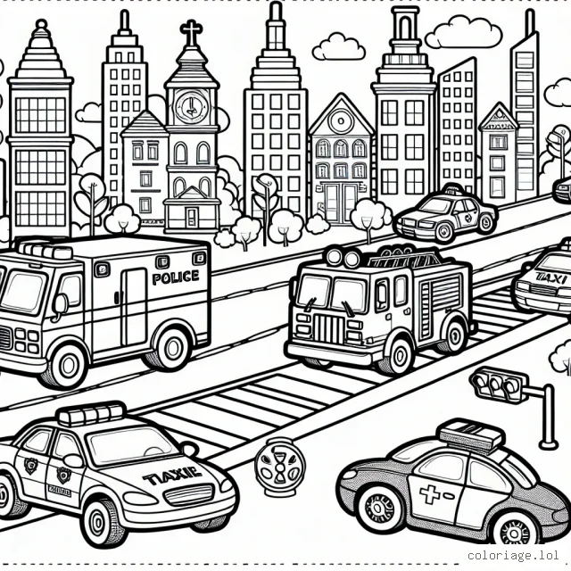 Une ville animée avec différentes voitures de diverses formes et tailles. Il y a une police, une ambulance, un taxi, une voiture de pompier, une voiture de course et une voiture familiale. Il y a aussi des détails à ajouter comme des immeubles, des arbres, des feux de signalisation et des passages piétons.