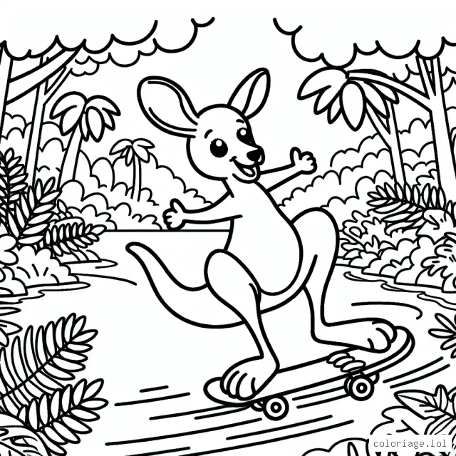 Un kangourou joyeux faisant du skateboard dans la jungle australienne