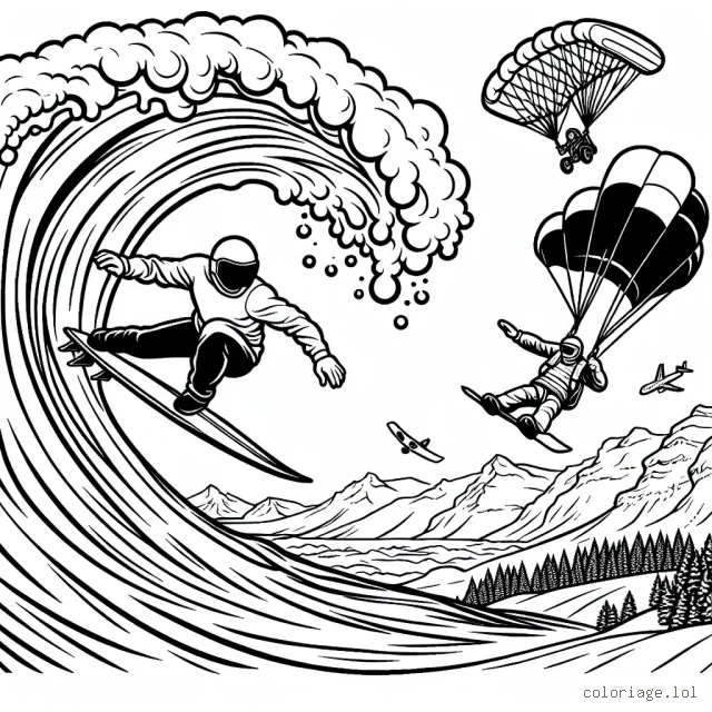 Une scène représentant un surfeur en plein effort sur une vague gigantesque, un parachutiste en chute libre avec la terre en arrière-plan et un snowboardeur dévalant une pente enneigée et escarpée.