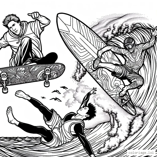 Une scène dynamique de sports extrêmes avec un skateur exécutant une figure aérienne, un surfeur chevauchant une vague géante et une base-jumper sautant d'une falaise
