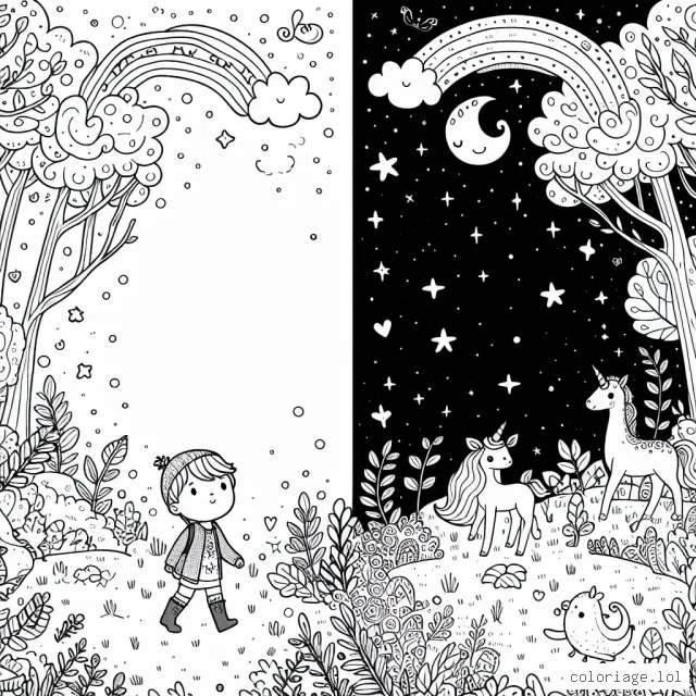 Un petit garçon explorant une forêt enchantée entouré d'animaux magiques