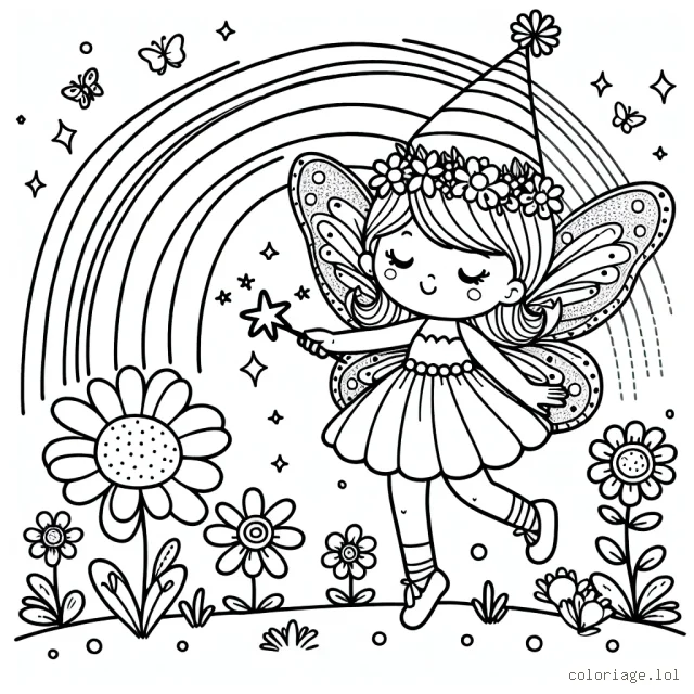 Une petite fée vole au-dessus d'un champ de fleurs multicolores. Elle a de grandes ailes brillantes, une robe courte et un chapeau conique sur sa tête. Elle tient une baguette magique dans sa main. Il y a aussi un bel arc-en-ciel dans le ciel.