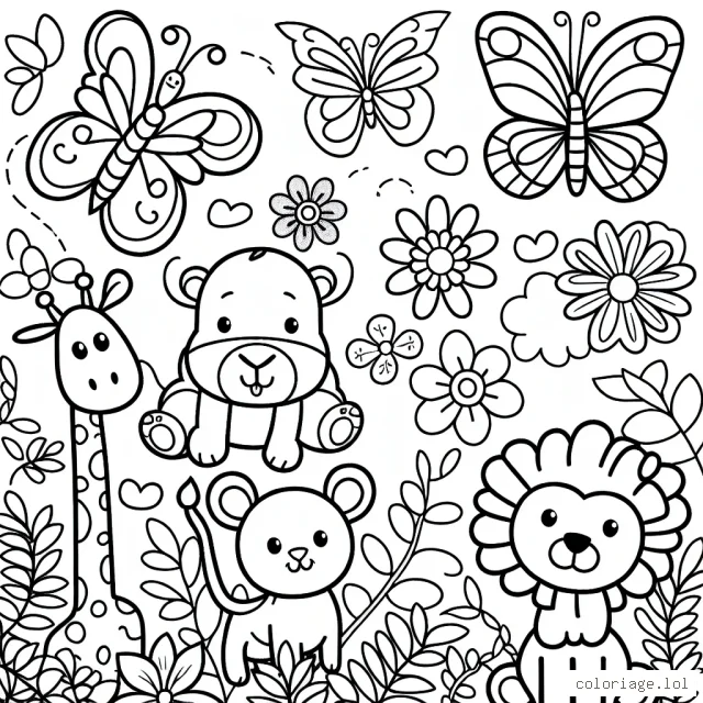 Des animaux de la jungle amusants avec un papillon volant et des fleurs aux couleurs vives à l'arrière-plan
