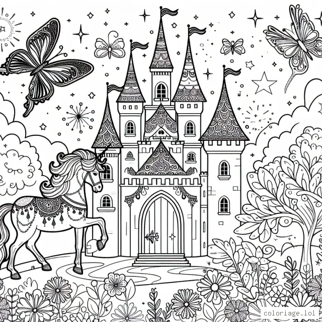 Un merveilleux royaume de princesse avec un château scintillant, un cheval majestueux et des papillons magiques