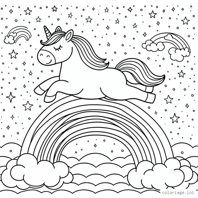 Une douce licorne qui saute par-dessus un arc-en-ciel, sous un ciel rempli d'éclats étoilés et de doux nuages flottants.