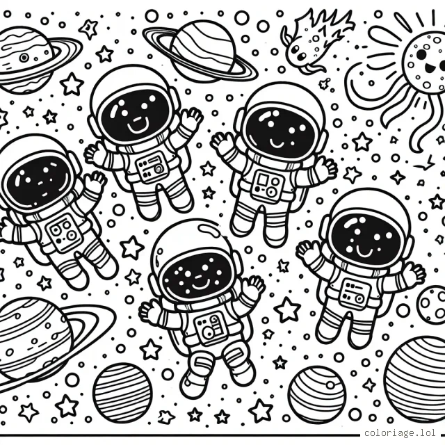 Un groupe d'astronautes amusants planant dans l'espace, entourés de planètes colorées, de comètes étincelantes et d'étoiles scintillantes.