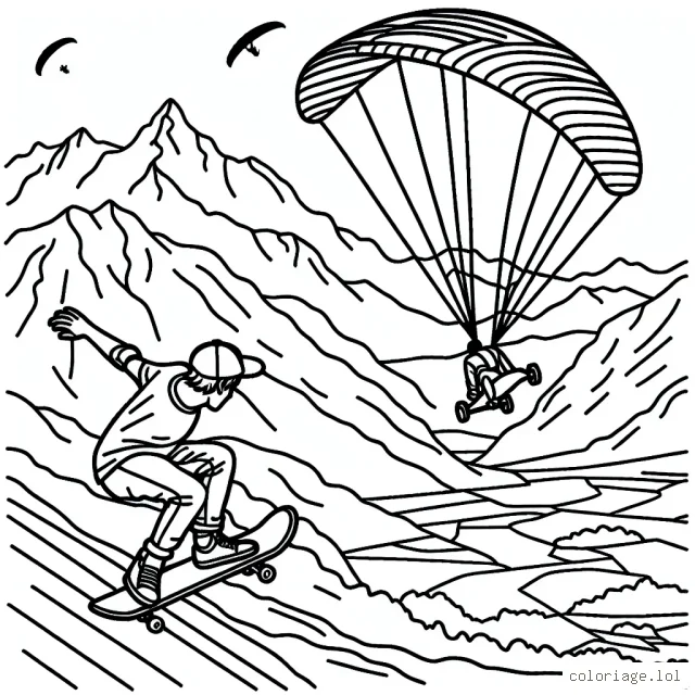 Un skateur exécutant une figure sur une rampe pendant que son ami fait du parapente au-dessus de montagnes élevées.